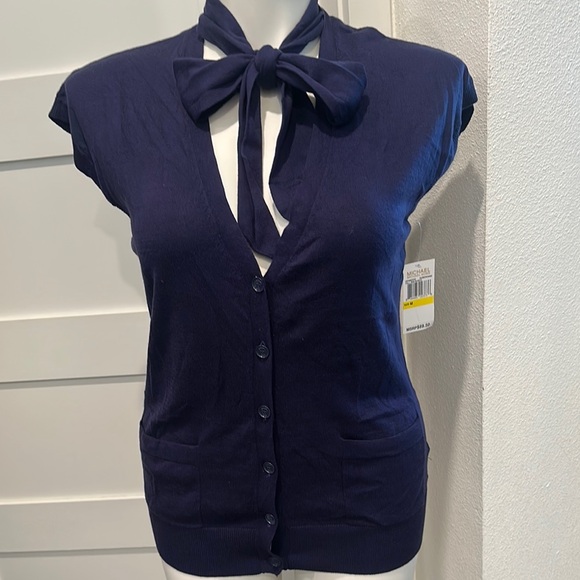 MICHAEL Michael Kors Navy Bow Tie Vest Cardigan - Picture 1 of 14